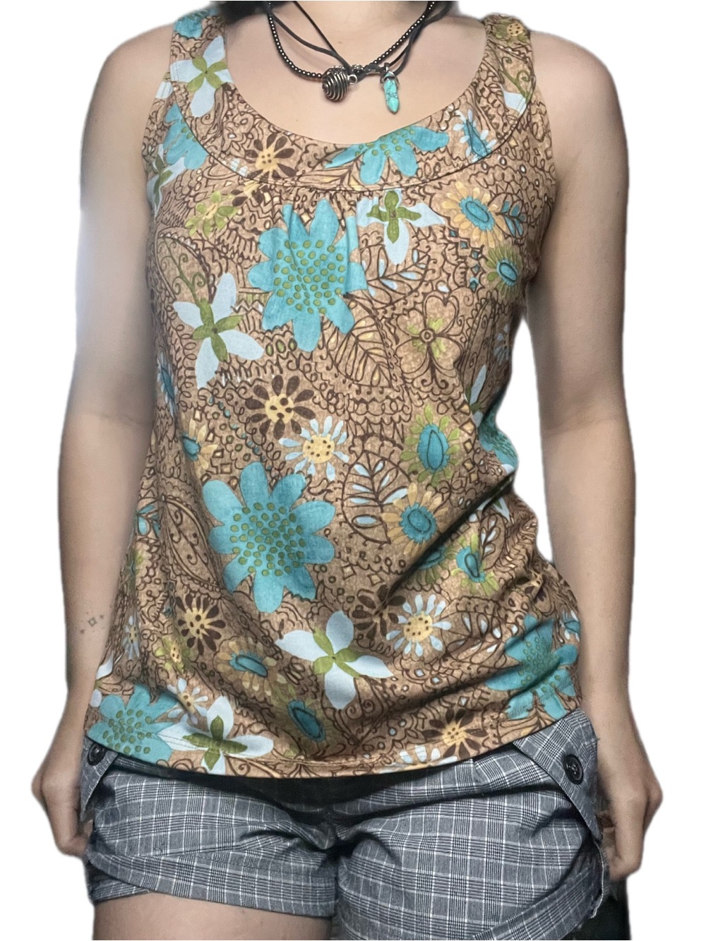 Brown Floral Scoop Tank Top with Turquoise Accents